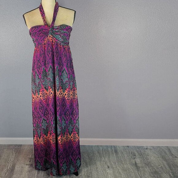 Xhilaration Colorful Halter Maxi Dress, Vibrant Pink, Orange, & Teal - Picture 1 of 4